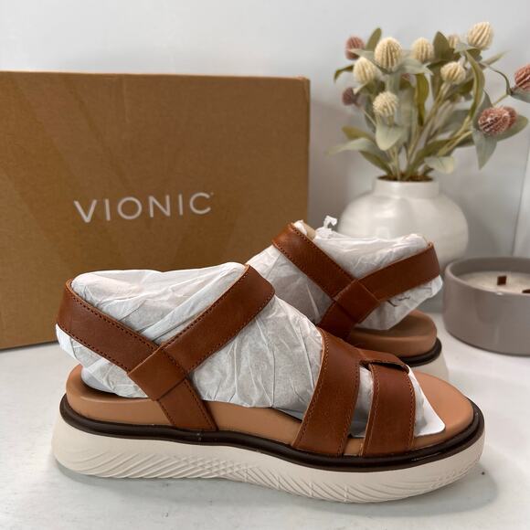 Vionic Solana Leather Strappy Platform Sandal Tan Buckle J4525L1200 Women 6W NWB - Picture 7 of 10